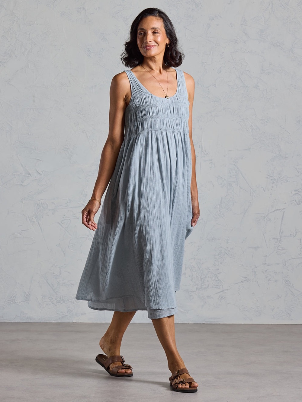 Nomad The Label Del Monte Midi Cotton Dress with pockets in Slate Blue SZ Small